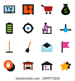 solid vector ixon set - broom vector, mop, student, flag, money bag, target, warehouse, tv, battery, mail, connect, stop, garage, plan, cart, star