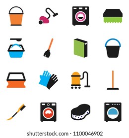 solid vector ixon set - broom vector, vacuum cleaner, mop, bucket, sponge, car fetlock, washer, washing powder, rubber glove