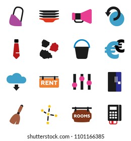 solid vector ixon set - broom vector, bucket, plates, garbage pile, constellation, tie, euro sign, loudspeaker, settings, bandage, undo, cloud download, rent signboard, rooms, fridge, card reader