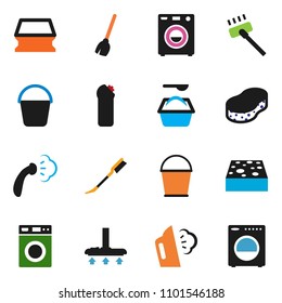 solid vector ixon set - broom vector, vacuum cleaner, bucket, sponge, car fetlock, steaming, washer, washing powder, cleaning agent