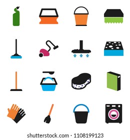 solid vector ixon set - broom vector, vacuum cleaner, mop, bucket, sponge, washing powder, cleaning agent, rubber glove, washer