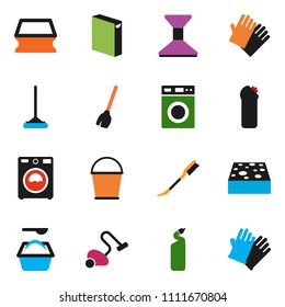 solid vector ixon set - broom vector, vacuum cleaner, mop, bucket, sponge, car fetlock, washer, washing powder, cleaning agent, rubber glove