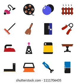 solid vector ixon set - broom vector, vacuum cleaner, rake, sponge, iron, cutting board, blender, corner ruler, hand trainer, fitball, film spool, antenna, table, heating, fridge