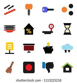 solid vector ixon set - broom vector, plates, percent growth, piggy bank, sand clock, presentation board, stairways run, big scales, finger down, rec button, tooth implant, cloud exchange, share