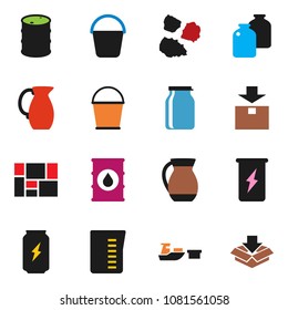 solid vector ixon set - bucket vector, garbage pile, measuring cup, jug, jar, enegry drink, port, consolidated cargo, package, oil barrel