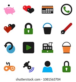 solid vector ixon set - bucket vector, pen, piggy bank, calendar, satellitie, gamepad, heart, play button, undo, user, lock, phone, cashbox