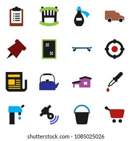 solid vector ixon set - bucket vector, window cleaning, kettle, paper pin, clipboard, skateboard, car, satellitie, newspaper, dropper, potion, cottage, water supply, crib, target, cart