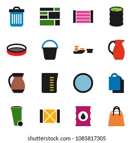 solid vector ixon set - bucket vector, trash bin, measuring cup, jug, sieve, port, wood box, consolidated cargo, oil barrel, shopping bag