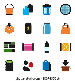 solid vector ixon set - bucket vector, trash bin, garbage pile, sieve, jar, enegry drink, water bottle, wood box, consolidated cargo, package, oil barrel, shopping bag