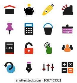 solid vector ixon set - bucket vector, pen, university, piggy bank, dry cargo, settings, remote control, touchscreen, group, thumbtack, undo, mailbox, unlock, cashbox, calculator