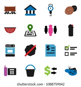 solid vector ixon set - bucket vector, splotch, cleaning agent, colander, scales, oven, potato, exam, university, exchange, annual report, man, navigator, Railway carriage, phone, pond