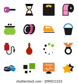 solid vector ixon set - bucket vector, iron, toilet paper, oil, plates, sand clock, scales, medal, pills, diagnostic monitor, drop counter, loading, key, wallet, star