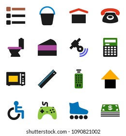 solid vector ixon set - bucket vector, toilet, microwave oven, cake, ruler, calculator, arrow up, roller Skates, dry cargo, satellitie, gamepad, remote control, disabled, menu, phone, cash
