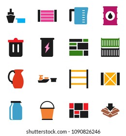 solid vector ixon set - bucket vector, trash bin, measuring cup, jug, jar, enegry drink, sea container, port, wood box, consolidated cargo, oil barrel, shelving, package