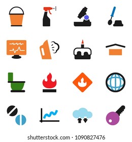 solid vector ixon set - bucket vector, steaming, toilet, brush, sprayer, cake, microscope, world, graph, dry cargo, flammable, pills, diagnostic monitor, cloud exchange, key