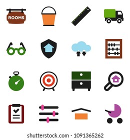 solid vector ixon set - bucket vector, ruler, glasses, abacus, archive, stopwatch, target, dry cargo, cloud exchange, equalizer, rooms signboard, search estate, home protect, shopping list, delivery