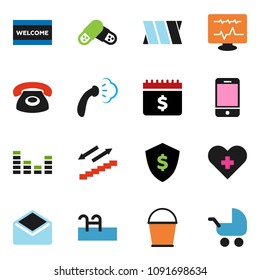 solid vector ixon set - bucket vector, welcome mat, steaming, dollar shield, calendar, stairways run, equalizer, mobile phone, mail, heart cross, pills, diagnostic monitor, bandage, pool