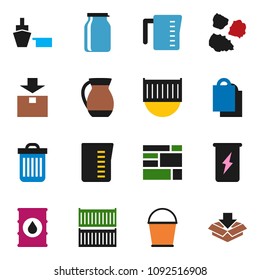 solid vector ixon set - bucket vector, trash bin, garbage pile, measuring cup, jug, jar, enegry drink, sea container, port, consolidated cargo, package, oil barrel, shopping bag