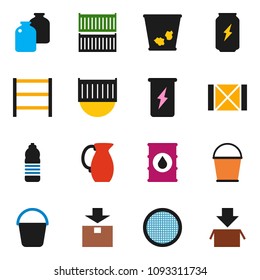 solid vector ixon set - bucket vector, trash bin, jug, sieve, jar, enegry drink, water bottle, sea container, wood box, package, oil barrel, shelving