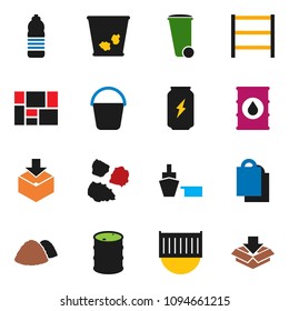 solid vector ixon set - bucket vector, trash bin, garbage pile, enegry drink, water bottle, sea container, port, consolidated cargo, package, oil barrel, shelving, shopping bag