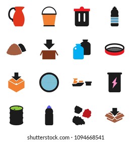 solid vector ixon set - bucket vector, trash bin, garbage pile, jug, sieve, jar, enegry drink, water bottle, port, package, oil barrel