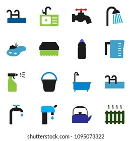solid vector ixon set - bucket vector, sponge, water tap, bath, sprayer, shower, sink, kettle, measuring cup, bottle, pond, pool, supply, heating