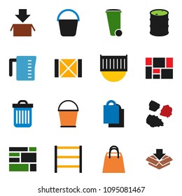 solid vector ixon set - bucket vector, trash bin, garbage pile, measuring cup, sea container, wood box, consolidated cargo, oil barrel, shelving, shopping bag, package
