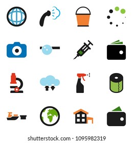solid vector ixon set - bucket vector, steaming, sprayer, toilet paper, microscope, world, wallet, earth, port, camera, syringe, eye doctor hat, cloud exchange, loading, cottage