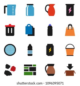 solid vector ixon set - bucket vector, trash bin, garbage pile, measuring cup, jug, sieve, jar, enegry drink, water bottle, consolidated cargo, shopping bag, package