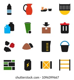 solid vector ixon set - bucket vector, trash bin, garbage pile, measuring cup, jug, jar, enegry drink, water bottle, sea container, port, wood box, consolidated cargo, package, shelving