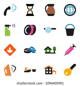 solid vector ixon set - bucket vector, steaming, sprayer, plates, jug, world, sand clock, port, flammable, syringe, pills, eye doctor hat, cottage, chalet, password