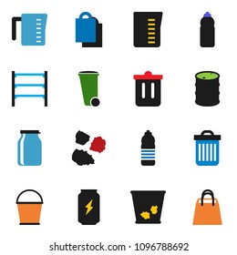 solid vector ixon set - bucket vector, trash bin, garbage pile, measuring cup, jar, enegry drink, water bottle, oil barrel, shelving, shopping bag
