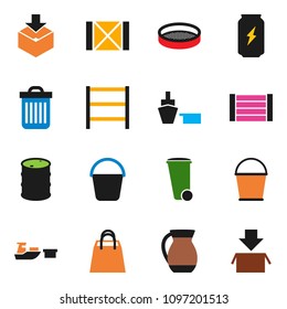solid vector ixon set - bucket vector, trash bin, jug, sieve, enegry drink, port, wood box, package, oil barrel, shelving, shopping bag