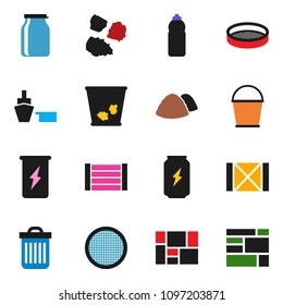 solid vector ixon set - bucket vector, trash bin, garbage pile, sieve, jar, enegry drink, water bottle, port, wood box, consolidated cargo