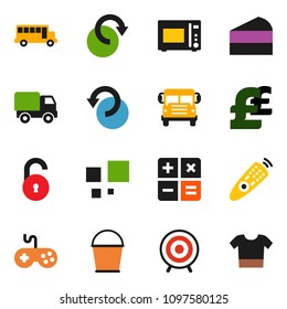 solid vector ixon set - bucket vector, microwave oven, cake, school bus, pound, target, gamepad, remote control, redo, undo, loading, unlock, calculator, delivery, clothes