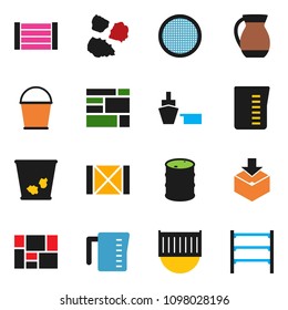 solid vector ixon set - bucket vector, trash bin, garbage pile, measuring cup, jug, sieve, sea container, port, wood box, consolidated cargo, package, oil barrel, shelving