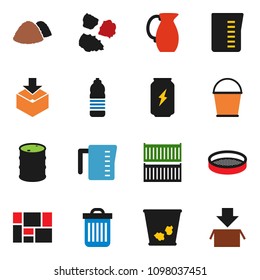 solid vector ixon set - bucket vector, trash bin, garbage pile, measuring cup, jug, sieve, enegry drink, water bottle, sea container, consolidated cargo, package, oil barrel
