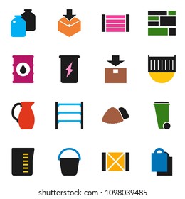 solid vector ixon set - bucket vector, trash bin, garbage pile, measuring cup, jug, jar, enegry drink, sea container, wood box, consolidated cargo, package, oil barrel, shelving, shopping bag