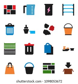 solid vector ixon set - bucket vector, trash bin, garbage pile, measuring cup, enegry drink, sea container, port, consolidated cargo, shelving, shopping bag, package