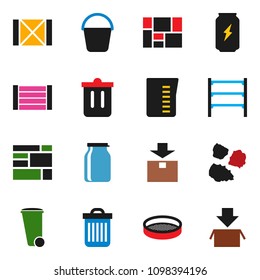 solid vector ixon set - bucket vector, trash bin, garbage pile, measuring cup, sieve, jar, enegry drink, wood box, consolidated cargo, package, shelving