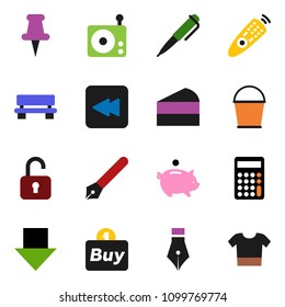 solid vector ixon set - bucket vector, cake, pen, piggy bank, calculator, arrow down, radio, remote control, thumbtack, backward button, bench, buy, unlock, clothes