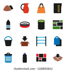 solid vector ixon set - bucket vector, trash bin, garbage pile, measuring cup, jug, sieve, water bottle, consolidated cargo, oil barrel, shelving, shopping bag, package
