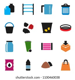 solid vector ixon set - bucket vector, trash bin, garbage pile, measuring cup, sieve, jar, water bottle, wood box, package, oil barrel, shelving, shopping bag