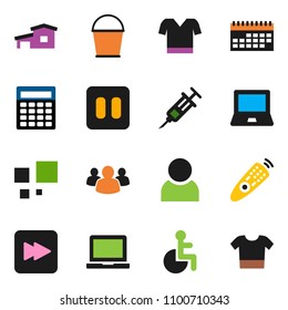 solid vector ixon set - bucket vector, notebook pc, calculator, t shirt, calendar, remote control, group, pause button, forward, disabled, syringe, loading, user, cottage, clothes