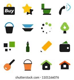 solid vector ixon set - bucket vector, steaming, toilet, plates, oil, pencil, loading, fruit tree, key, wallet, star, buy, home