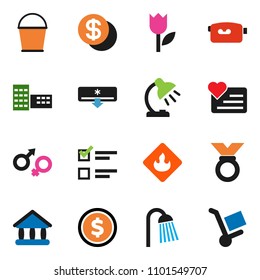 solid vector ixon set - bucket vector, shower, school building, table lamp, exam, university, dollar coin, medal, heart monitor, tulip, flammable, video camera, gender sign, air conditioner, trolley