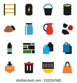 solid vector ixon set - bucket vector, trash bin, garbage pile, jug, jar, enegry drink, water bottle, sea container, consolidated cargo, package, oil barrel, shelving, shopping bag