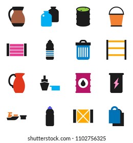 solid vector ixon set - bucket vector, trash bin, jug, jar, enegry drink, water bottle, port, wood box, oil barrel, shelving, shopping bag