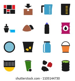 solid vector ixon set - bucket vector, trash bin, garbage pile, measuring cup, sieve, jar, water bottle, sea container, port, consolidated cargo, package, oil barrel