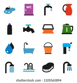 solid vector ixon set - bucket vector, sponge, water drop, tap, shower, closet, kettle, jug, bottle, pool, pond, supply, bath